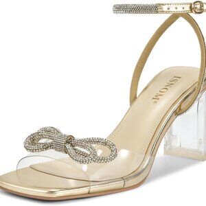 Clear Rhinestone Heels Women 7.5cm Chunky Bow Sparkly for Parties Weddings